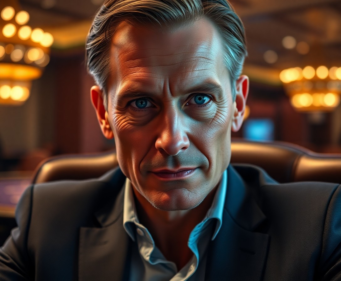 AI generated art for prompt: Visualize a hyper-realistic portrait of an experienced poker player. They have piercing blue eyes th