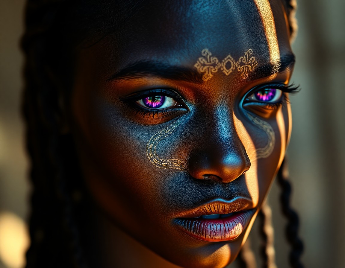 AI generated art for prompt: Imagine a captivating photorealistic portrait of an African woman with enchanting violet eyes and en