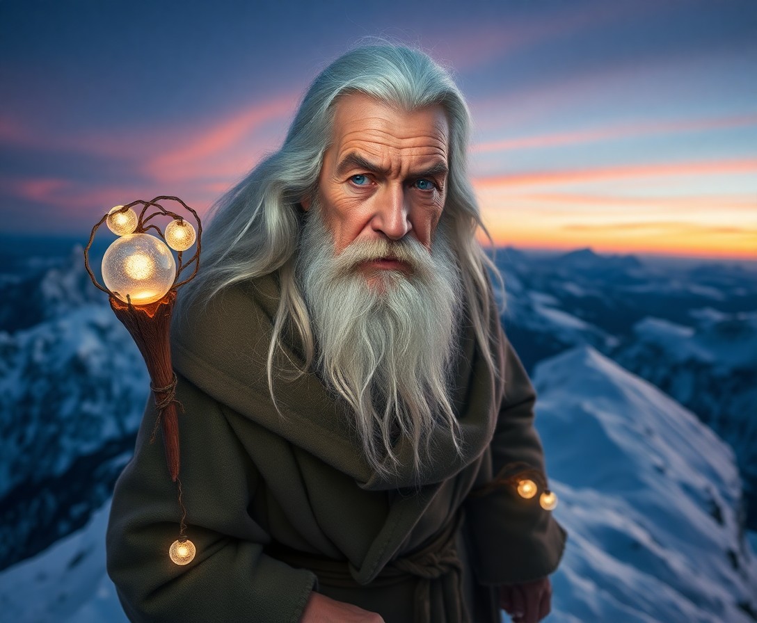 AI generated art for prompt: Create a photorealistic portrait of a wise old wizard, standing atop a snow-capped mountain at twili