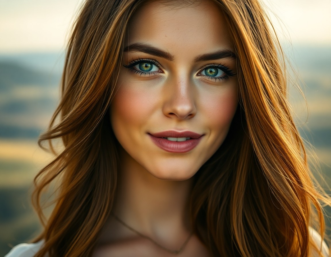 AI generated art for prompt: Create a captivating portrait of a Mediterranean woman with emerald eyes and flowing chestnut hair, 