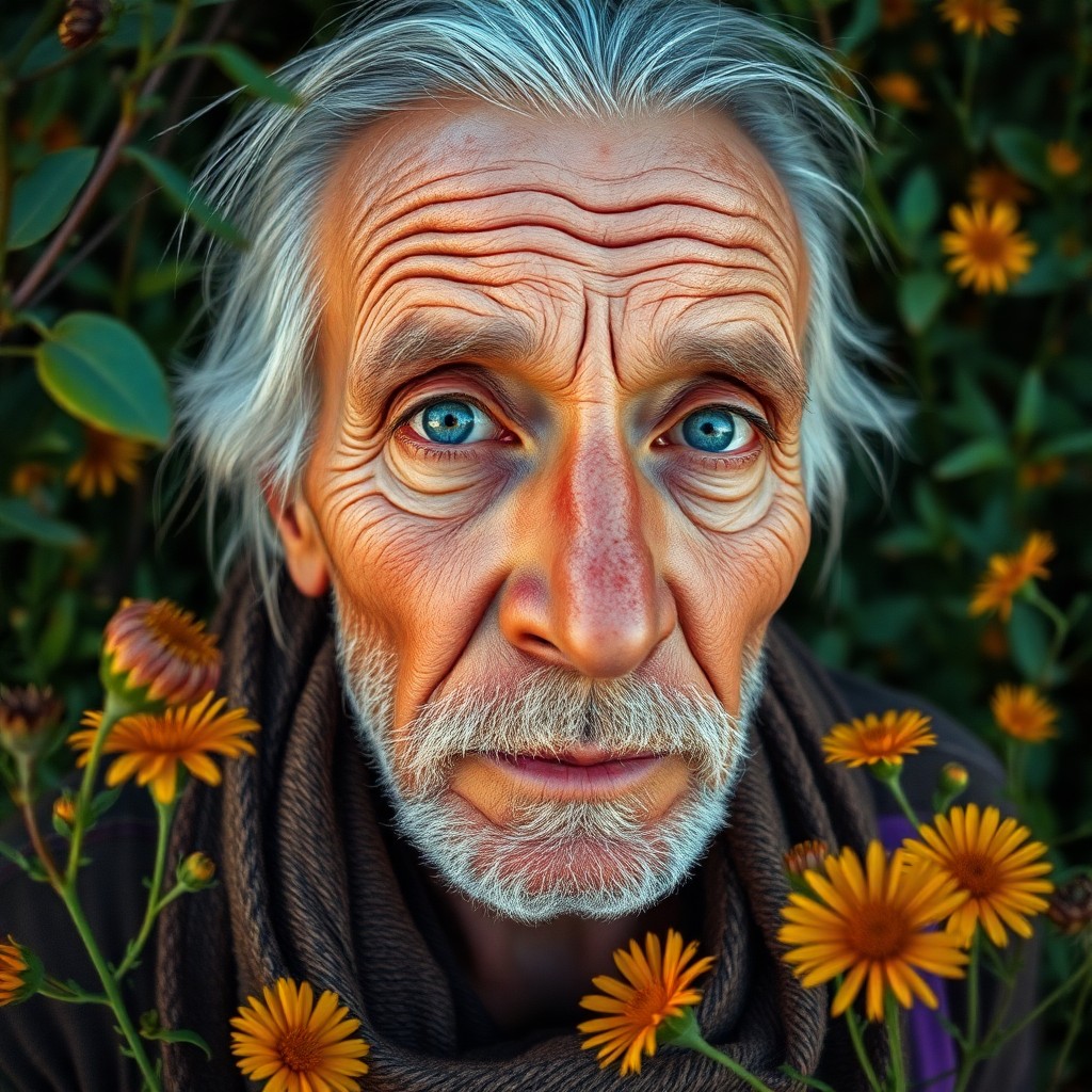 AI generated art for prompt: A striking portrait captures the essence of a wise old traveler. He has placid blue eyes, deeply wri