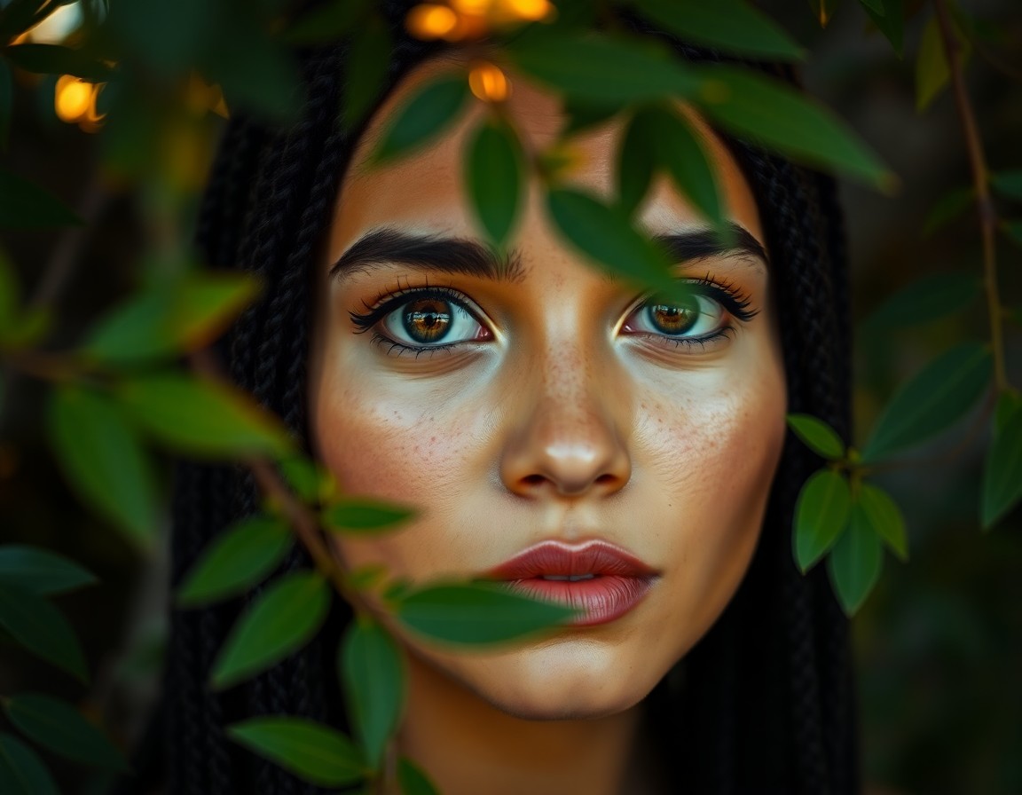 AI generated art for prompt: A portrait photograph captures the enigmatic gaze of an Amazonian woman. Her deep amber eyes, framed