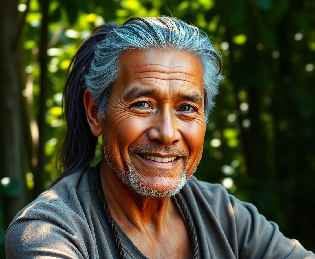 AI generated art for prompt: A hyperrealistic portrait of a wise old Pacific Islander man with serene green eyes, sun-kissed skin