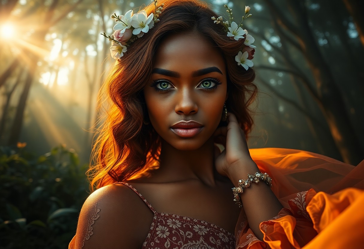 AI generated art for prompt: A captivating portrait of a free-spirited Caribbean woman with auburn hair cascading down her should