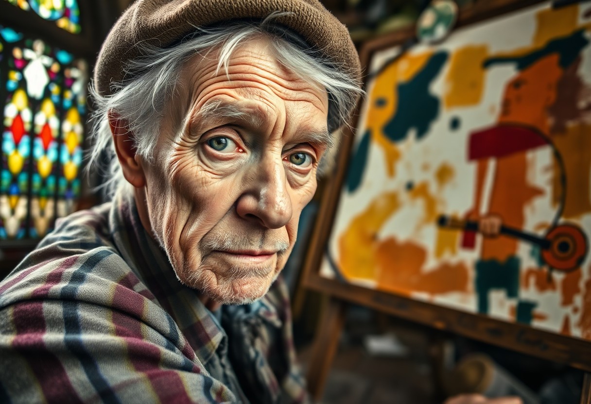 AI generated art for prompt: Capture the essence of an aged artist in their twilight years. Amidst vibrant paints and brushes, th