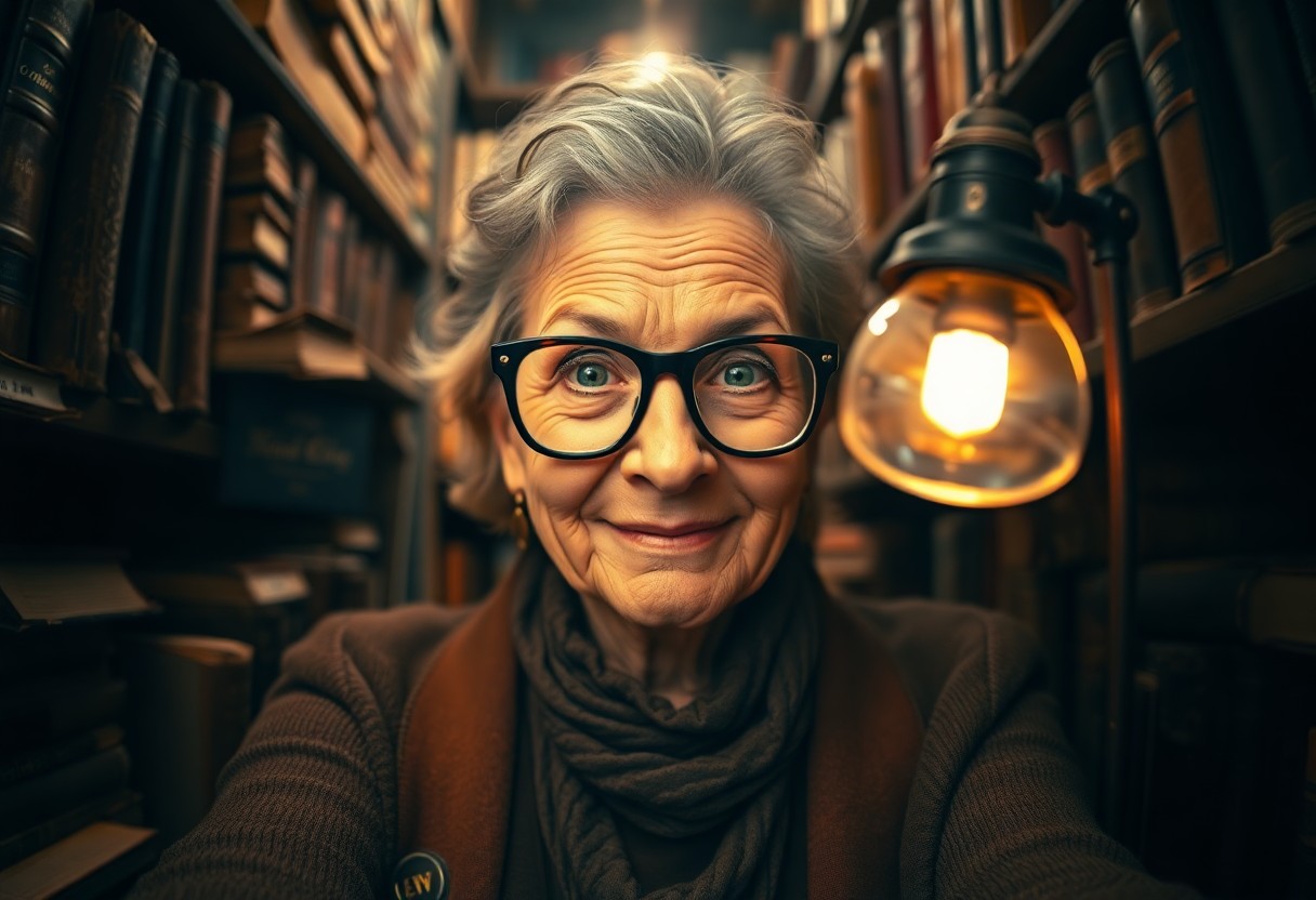 AI generated art for prompt: Capture a captivating portrait of a wise old librarian with distant blue eyes partially hidden behin