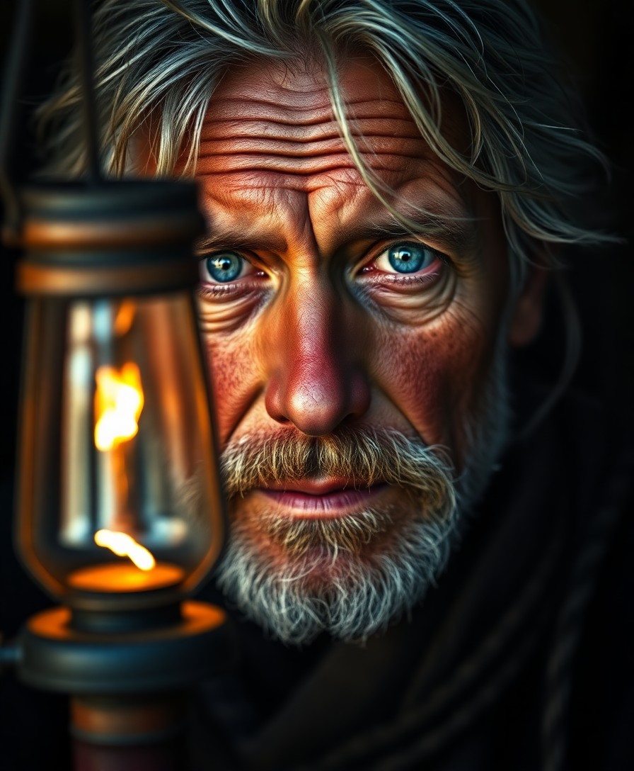 AI generated art for prompt: Envision a DSLR portrait of an enduring fisherman with rugged features and melancholic blue eyes, re