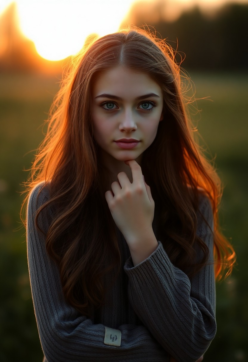 AI generated art for prompt: Imagine a photorealistic smartphone portrait of a young Slavic woman in a tranquil meadow at twiligh