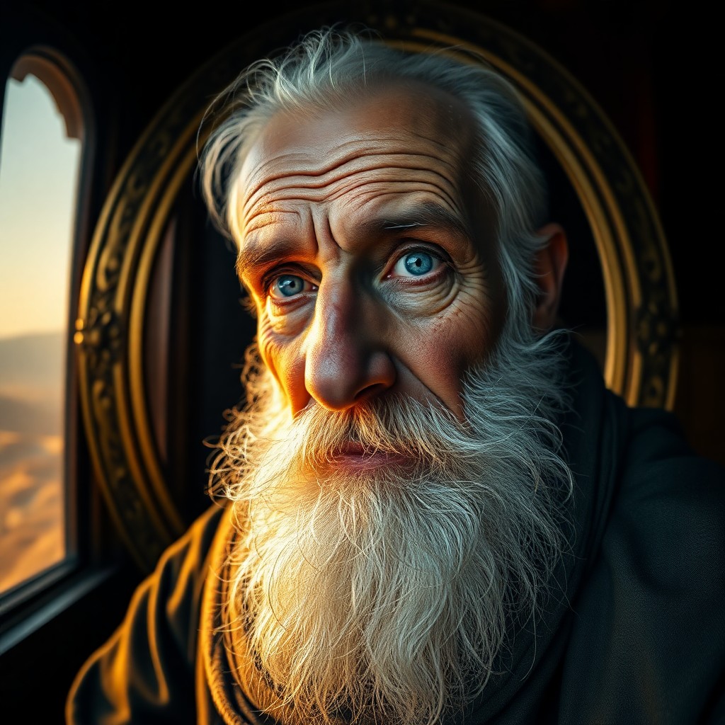 AI generated art for prompt: A highly detailed portrait of an enigmatic old North African man with gentle blue eyes and a grizzle