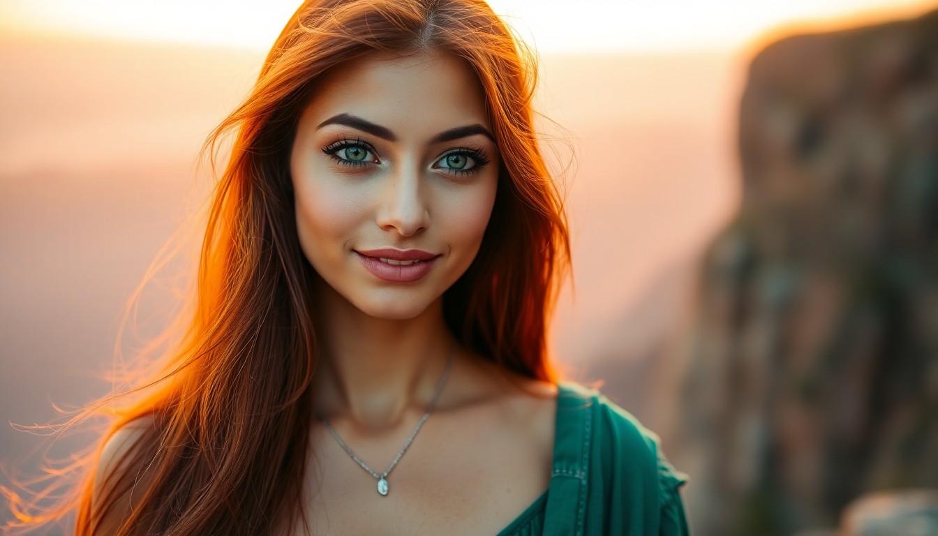 AI generated art for prompt: Portrait of an enchanting South Asian woman with vibrant red hair flowing over her shoulders, set ag