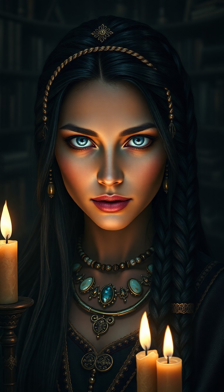 AI generated art for prompt: Craft a photorealistic portrait of an enigmatic female oracle with olive skin and gentle blue eyes. 