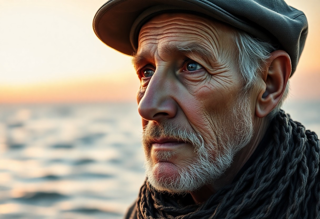 AI generated art for prompt: Create a photorealistic portrait of an aged fisherman, his face weathered by countless days at sea. 