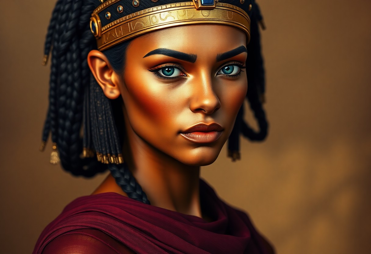 AI generated art for prompt: A hyperrealistic portrait of an ancient Egyptian queen exudes regal beauty and grace. Her deep golde