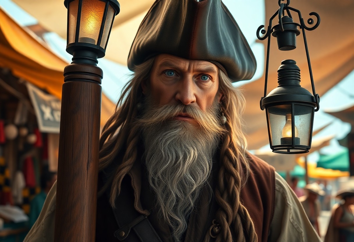 AI generated art for prompt: Create an ultra-realistic portrait of a seasoned pirate, capturing his commanding presence. Imagine 