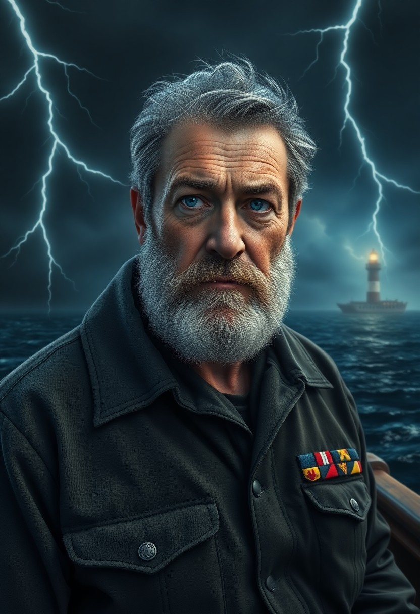 AI generated art for prompt: A photorealistic portrait depicts a seasoned sea captain with piercing blue eyes and a salt-and-pepp