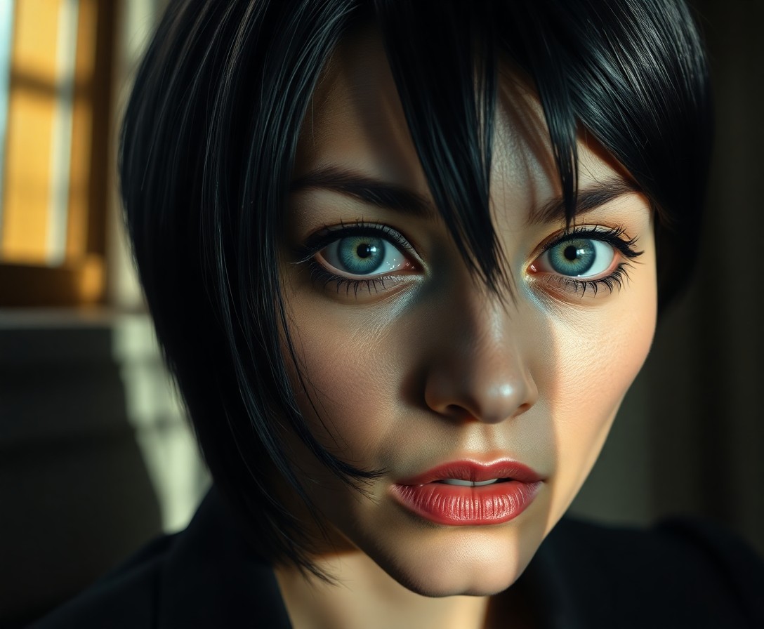 AI generated art for prompt: A highly realistic portrait depicts an enigmatic figure with misty green eyes and sleek raven hair s