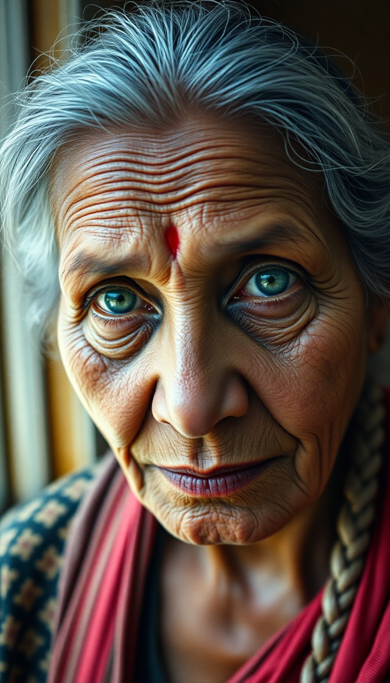 AI generated art for prompt: A highly detailed, film-camera portrait of an elderly South Asian woman showcases her lined skin and