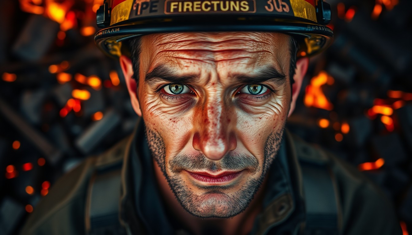 AI generated art for prompt: Craft an ultra-realistic portrait showcasing a seasoned firefighter's raw strength and resilience am