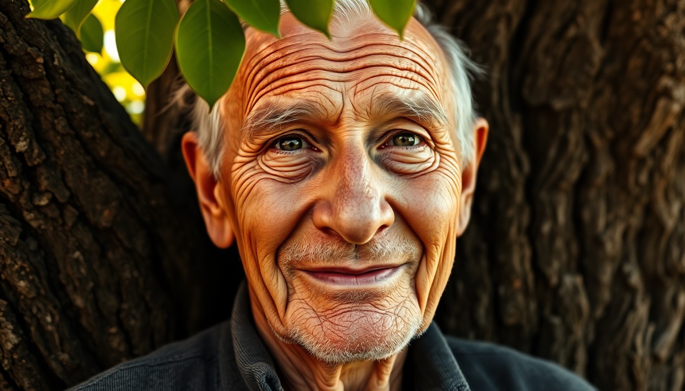 AI generated art for prompt: A serene portrait of an elderly Slavic man showcases his careworn skin and deep wrinkles, a testamen