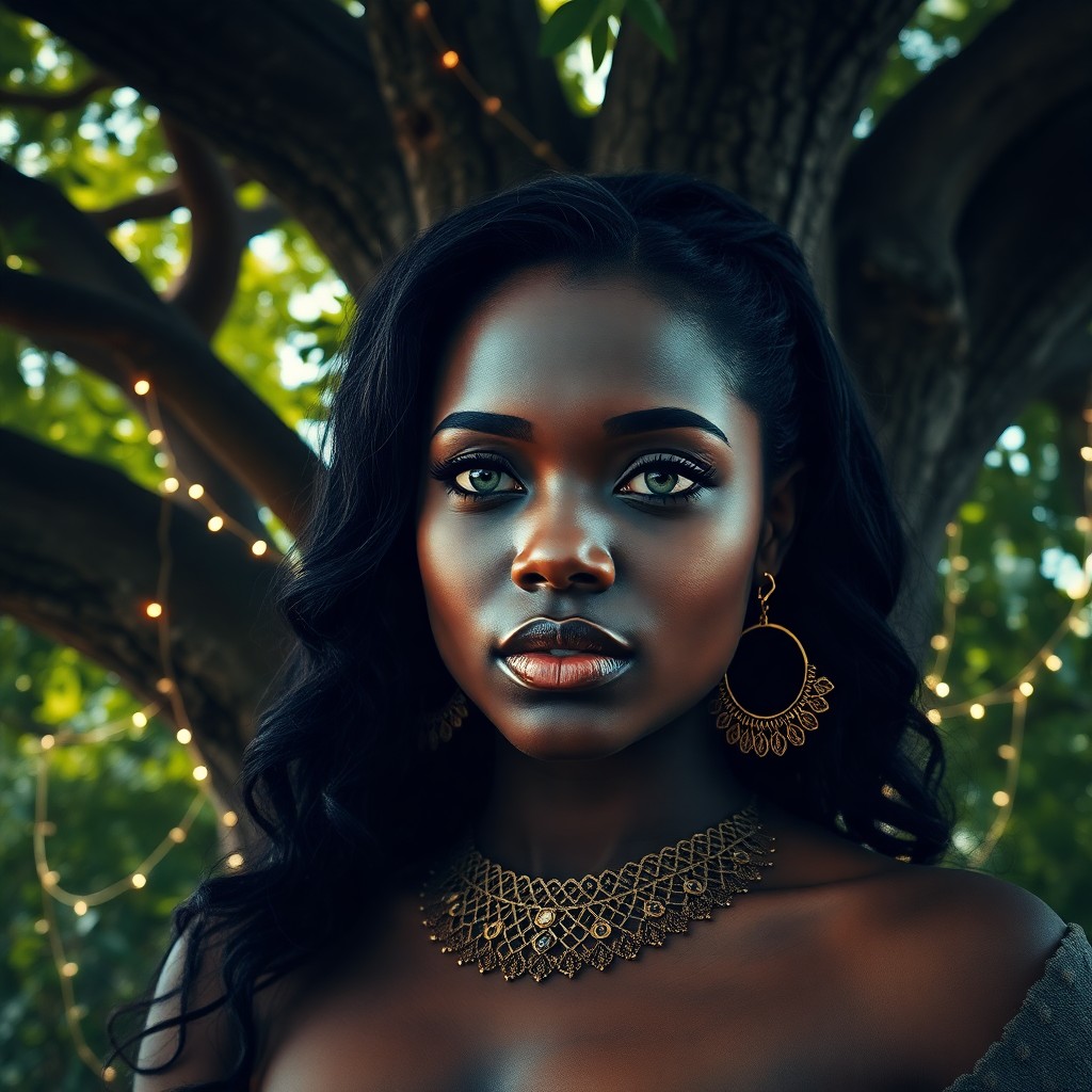 AI generated art for prompt: A captivating Caribbean woman with serene green eyes and raven-black hair cascading in soft waves si