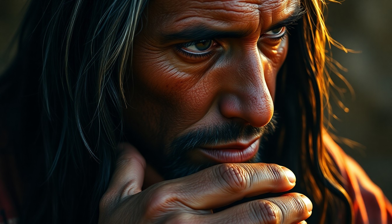 AI generated art for prompt: A hyperrealistic portrait of a melancholic Native American North African man with striking features 