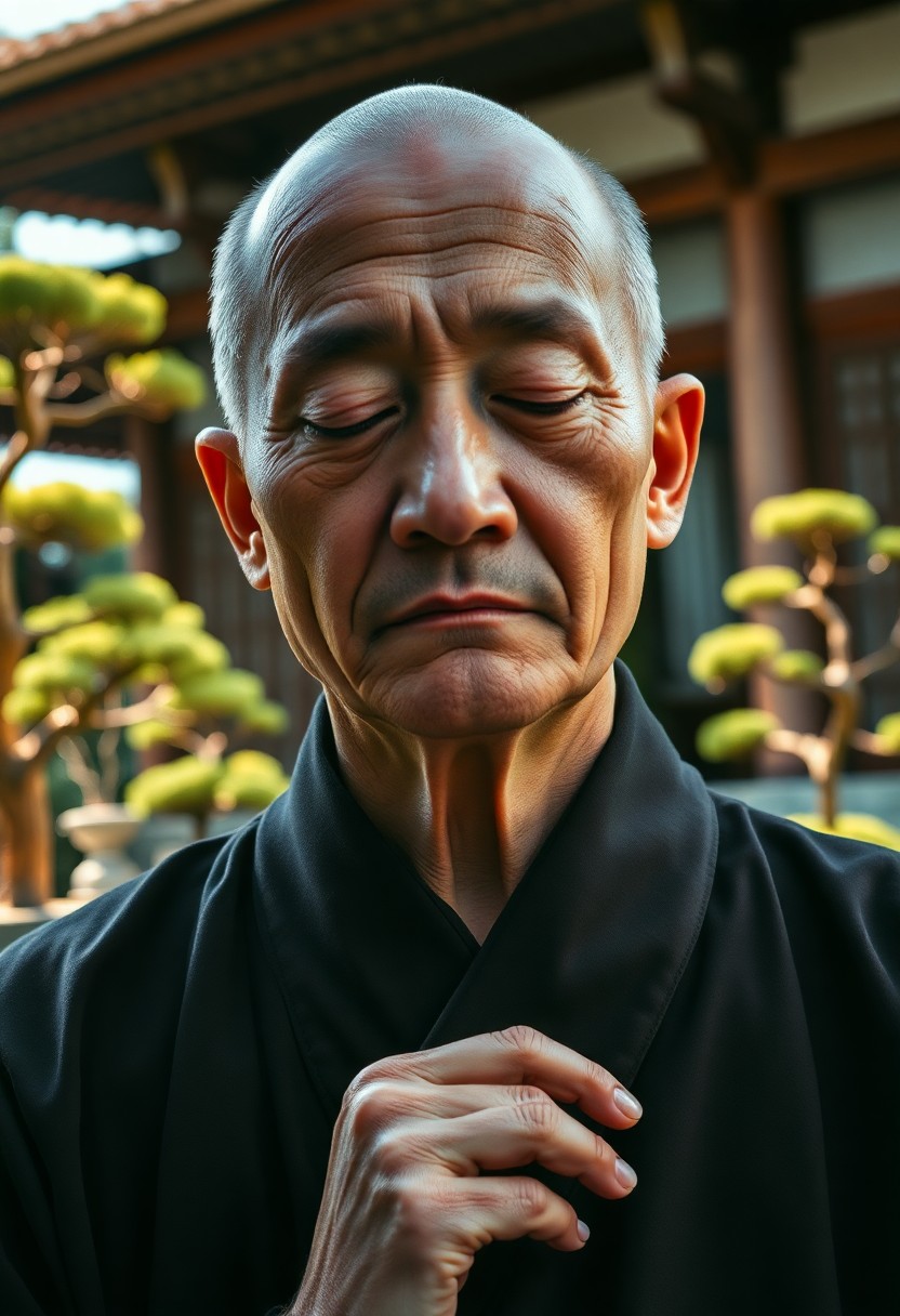 AI generated art for prompt: Craft an image of a serene Zen monk, his eyes closed in deep meditation, channeling inner peace and 