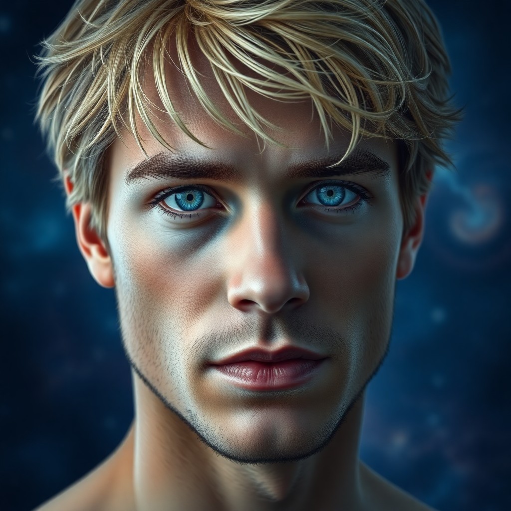 AI generated art for prompt: A super-realistic portrait captures a young Nordic man with compassionate blue eyes, tousled blonde 