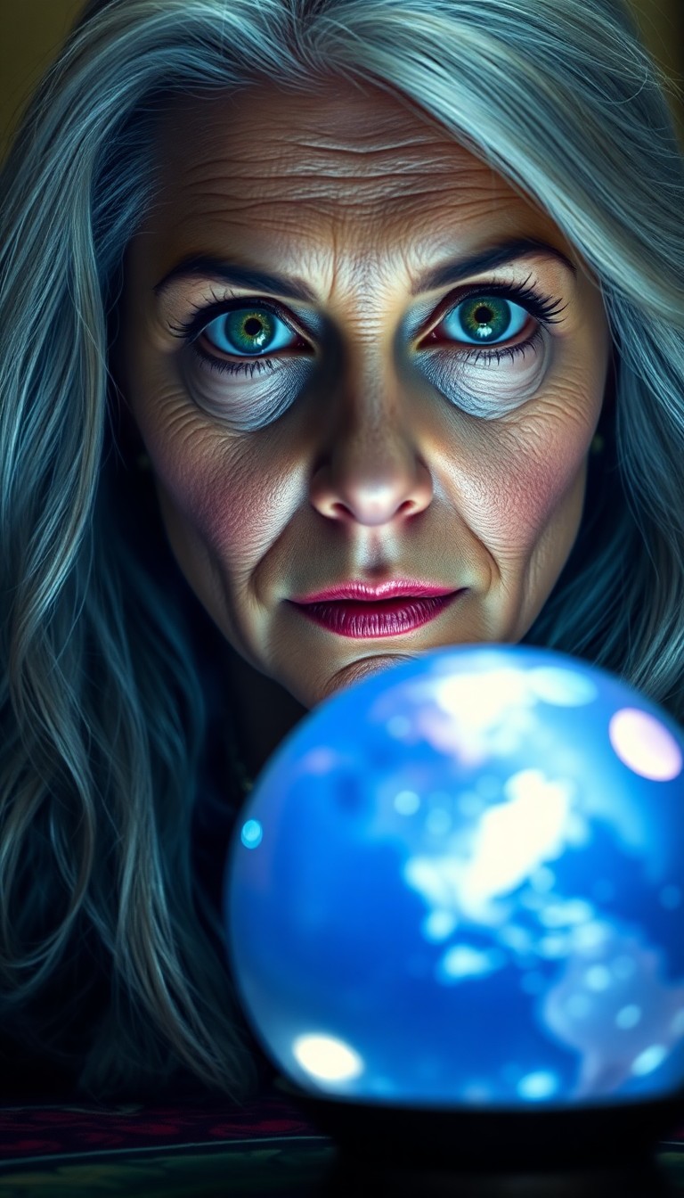 AI generated art for prompt: A portrait photograph depicts an enigmatic fortune teller with striking emerald eyes and olive skin,