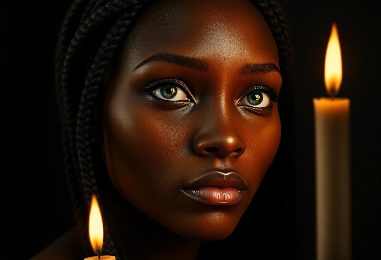 AI generated art for prompt: Craft a hyperrealistic portrait inspired by Caravaggio's chiaroscuro style, featuring an African wom