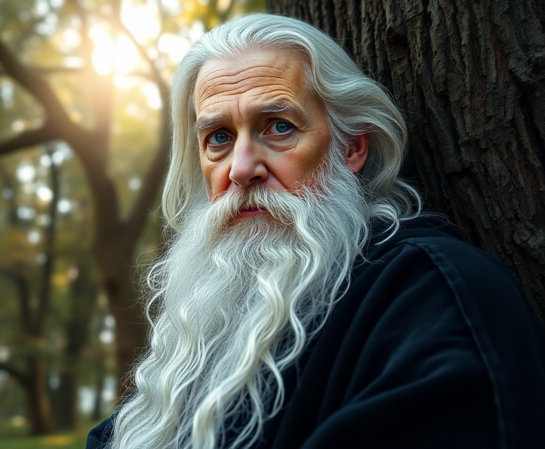 AI generated art for prompt: Craft a super-realistic portrait of an elderly wizard with a lengthy white beard and piercing emeral