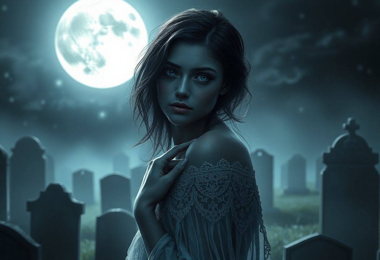 AI generated art for prompt: A hauntingly ethereal portrait depicts a solitary spectral figure amidst a moonlit graveyard, their 