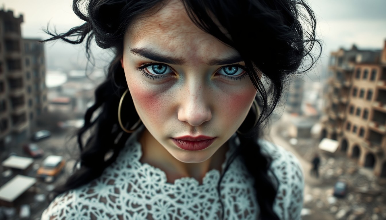 AI generated art for prompt: A photorealistic portrait photograph captures an enigmatic young Inuit woman with piercing blue eyes