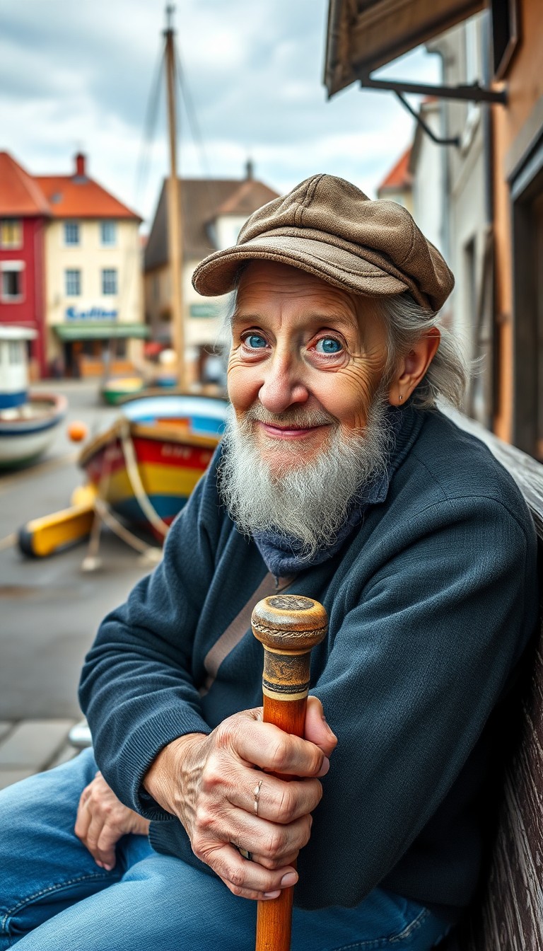 AI generated art for prompt: Depict an elderly woman with serene blue eyes and a grizzled beard, seated on a rustic wooden bench 