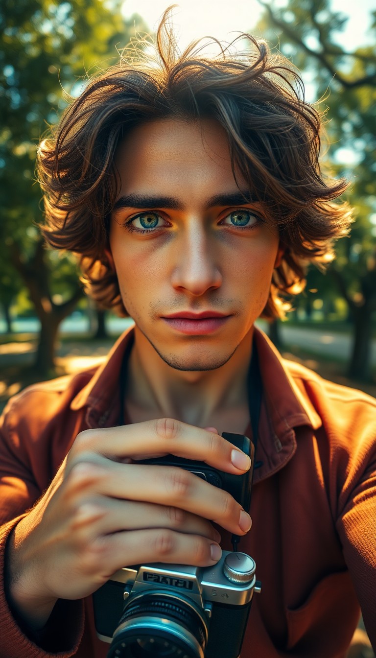 AI generated art for prompt: A photorealistic portrait photograph showcases a young Mediterranean man with soft green eyes and to