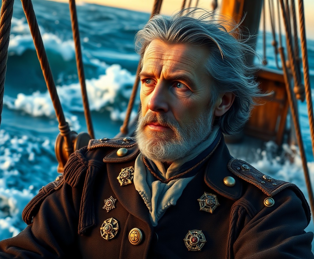 AI generated art for prompt: A photorealistic portrait photograph showcases a sea captain of yore with kind blue eyes amidst tumu