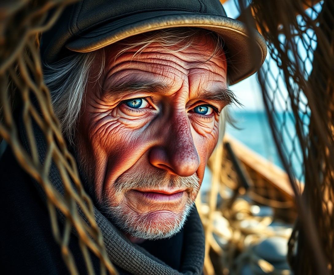 AI generated art for prompt: A photorealistic portrait showcases a weathered fisherman with serene blue eyes and skin etched by y