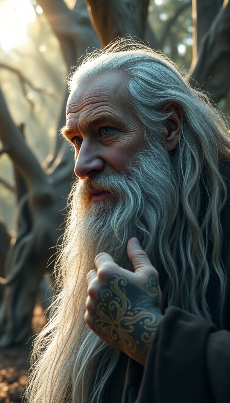 AI generated art for prompt: A photorealistic portrait captures an elderly wizard with a long white beard, dreamy blue eyes, and 