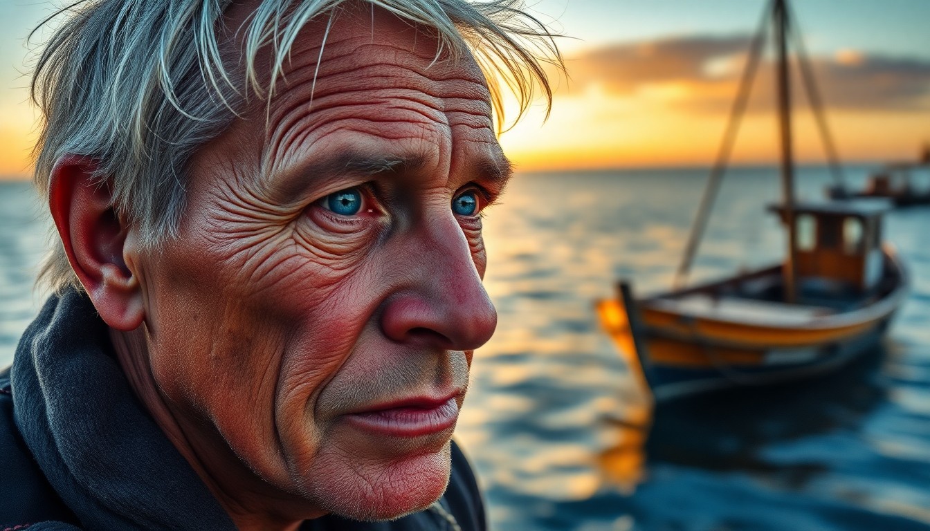 AI generated art for prompt: Envision a portrait of an aged fisherman, his face etched with deep creases from years under the sun