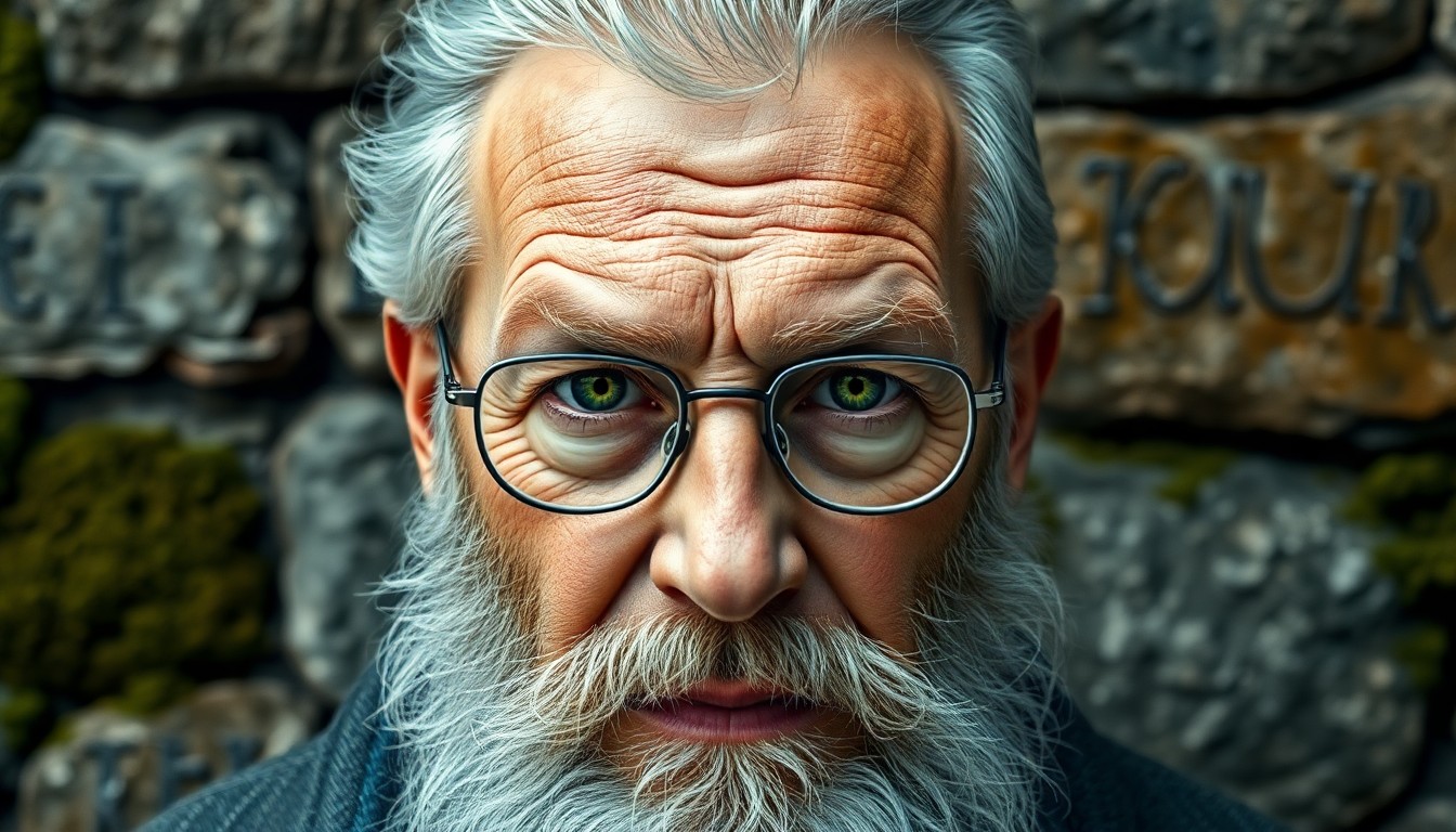 AI generated art for prompt: Craft a hyper-realistic portrait showcasing an aged Nordic man with rugged features, his piercing em