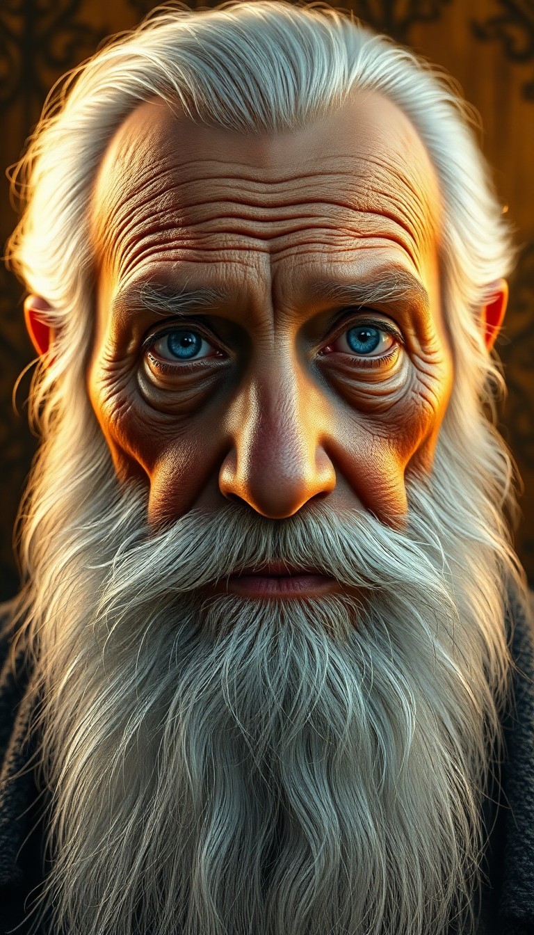 AI generated art for prompt: Craft a Greg Rutkowski-inspired hyperrealistic portrait of an elderly sage with a long white beard a