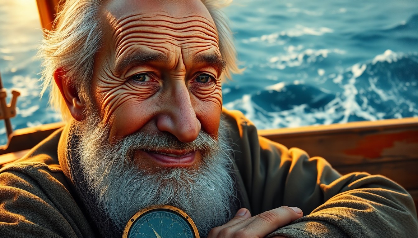 AI generated art for prompt: A photorealistic portrait depicts an elderly man with a shy smile and rugged features, emerging from