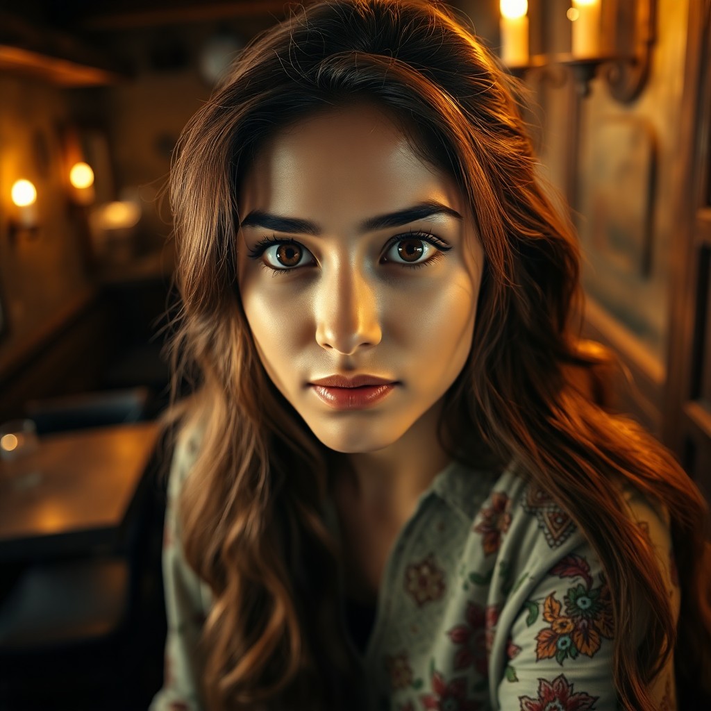 AI generated art for prompt: A photorealistic portrait showcases a South Asian woman with captivating amber eyes and long, wavy c