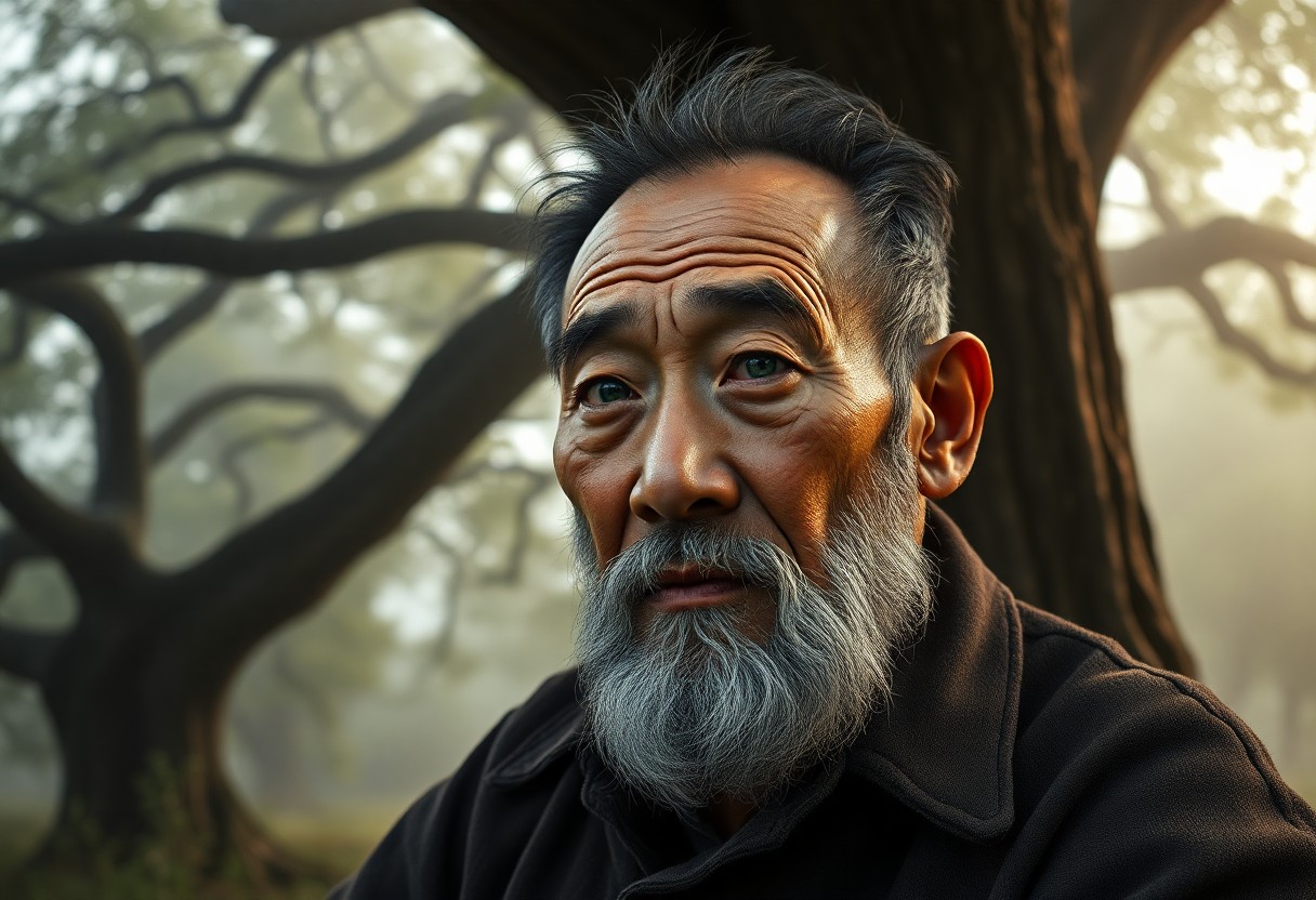 AI generated art for prompt: Depict a hyper-realistic portrait of an elderly East Asian man with hazy green eyes and a graying be