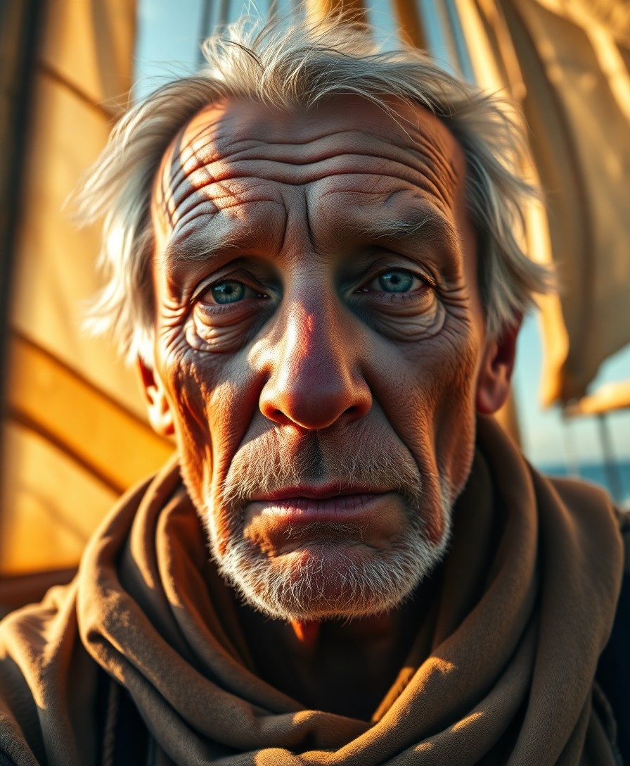 AI generated art for prompt: A captivating photorealistic portrait showcases an elderly sailor with sun-kissed skin and tender bl