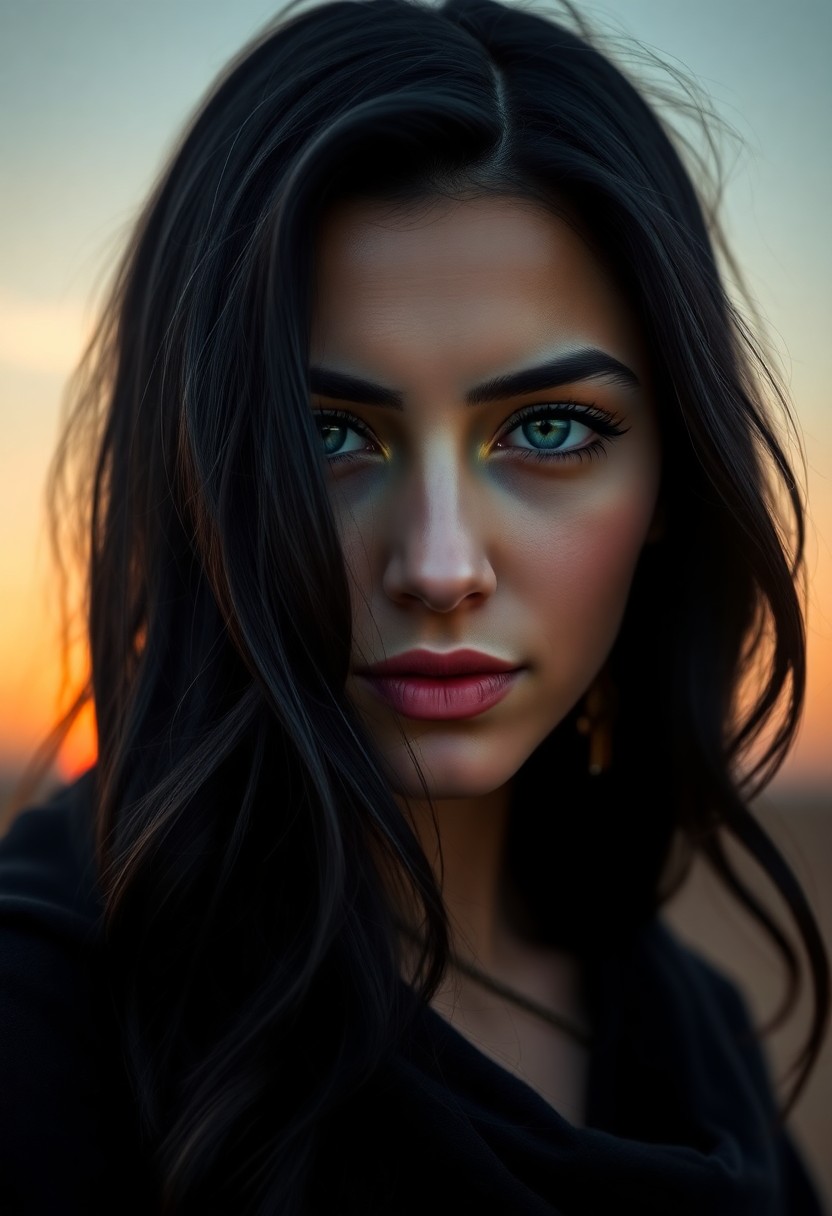 AI generated art for prompt: Craft a photorealistic portrait of an enigmatic Middle Eastern woman with piercing green eyes and hi