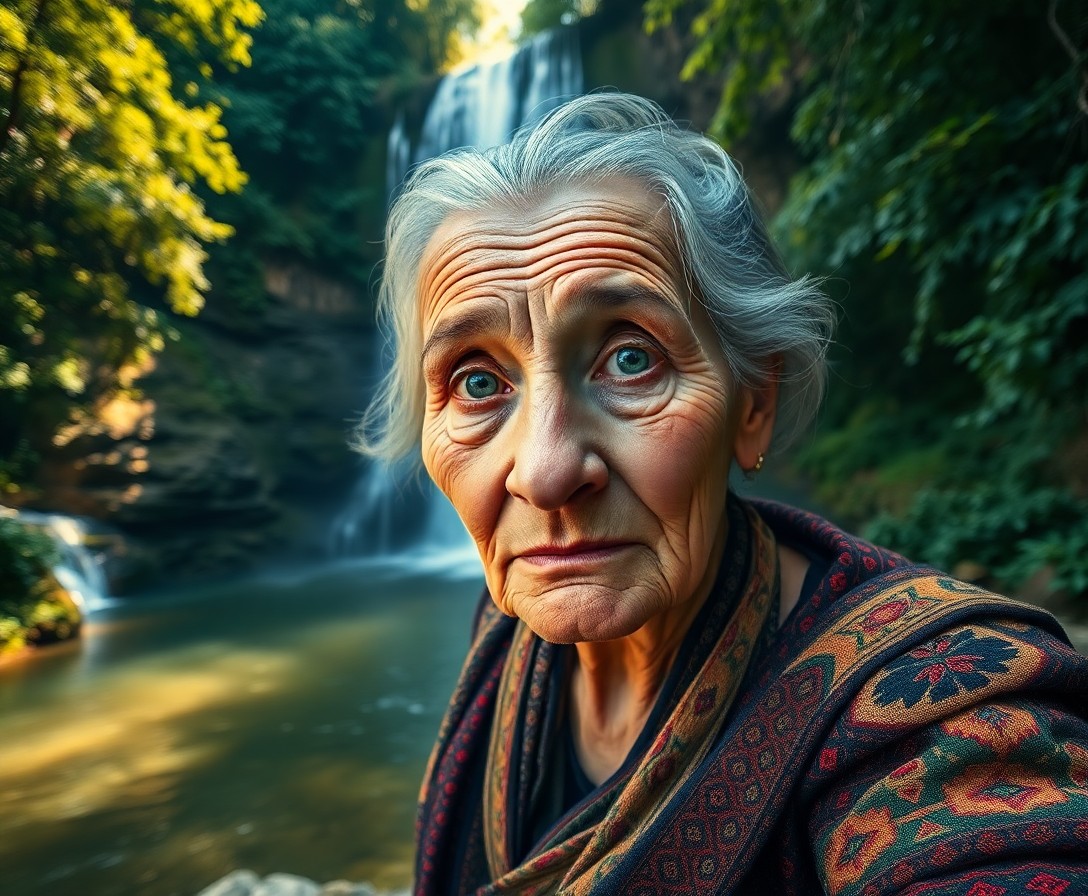 AI generated art for prompt: Create a highly realistic portrait of an elderly Central Asian woman, her wisdom etched in deep wrin