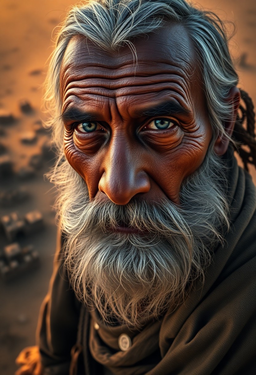 AI generated art for prompt: A captivating photorealistic portrait depicts an aged Melanesian nomad with piercing blue eyes and a