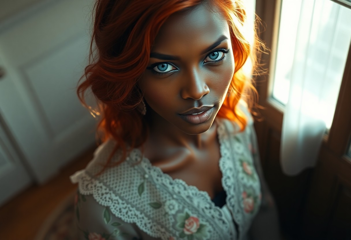 AI generated art for prompt: A photorealistic portrait of an enigmatic Melanesian woman with piercing blue eyes and fiery red hai