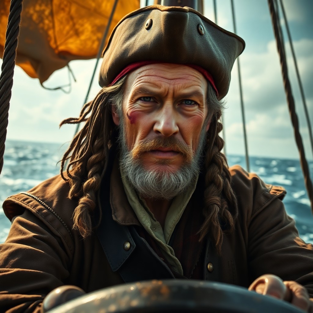 AI generated art for prompt: Envision a photorealistic portrait of an aged pirate captain with rugged features and a scar on his 