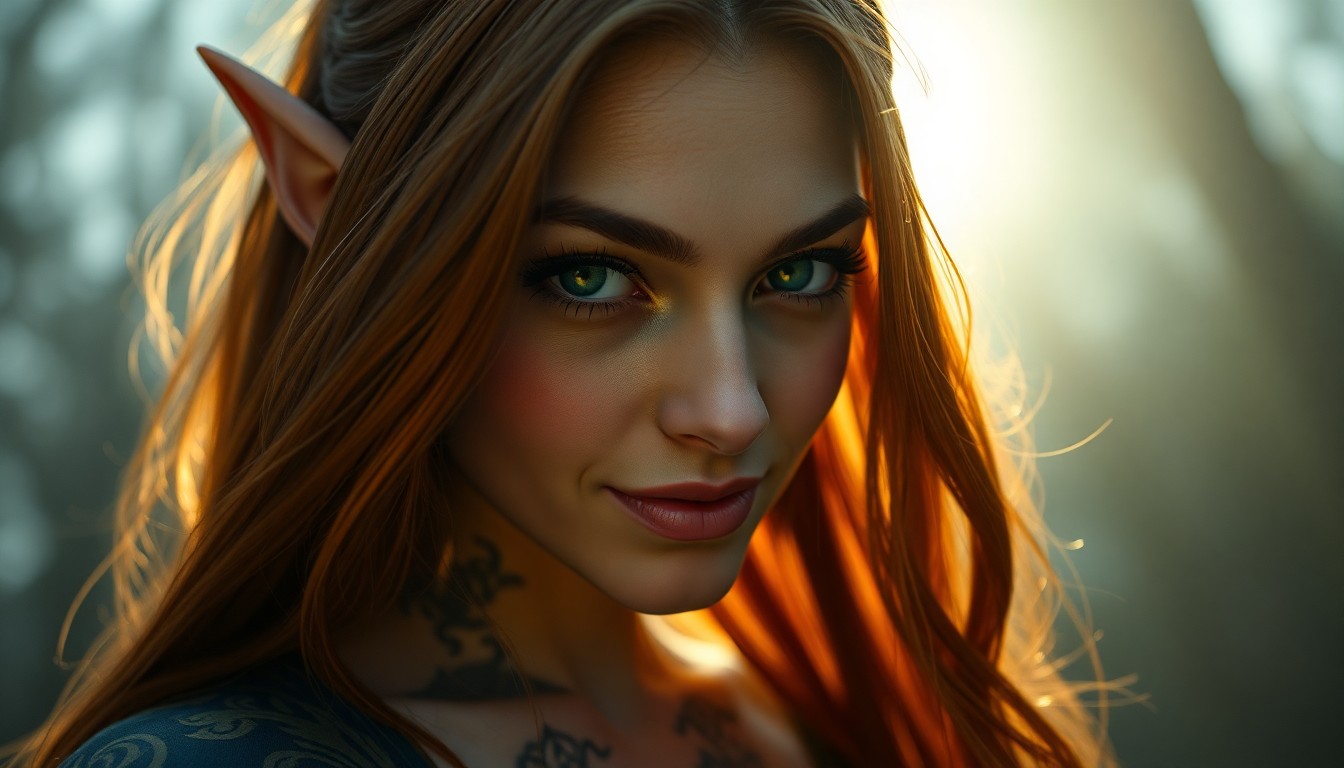 AI generated art for prompt: A captivating portrait reveals an enigmatic elven sorceress from a unique low-angle perspective, her